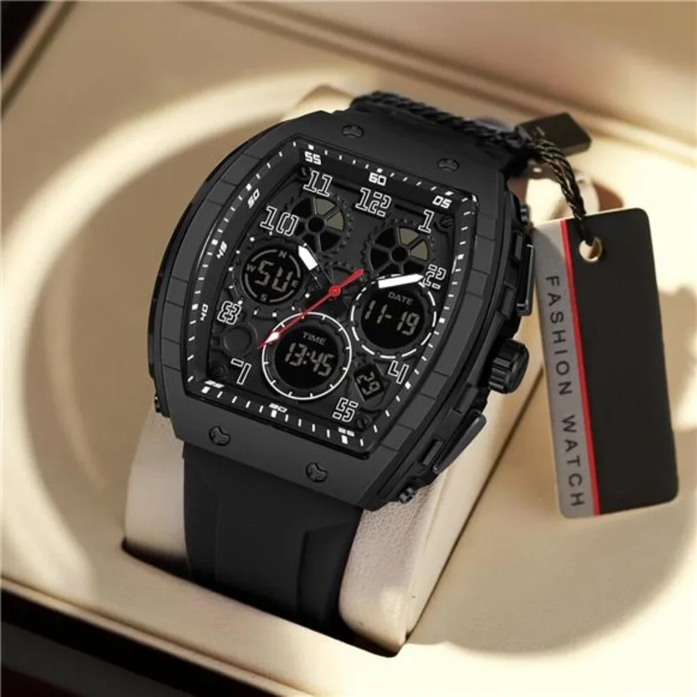 Mens Rectangular Watch With Digital Analog Dual Time Display Square Dial